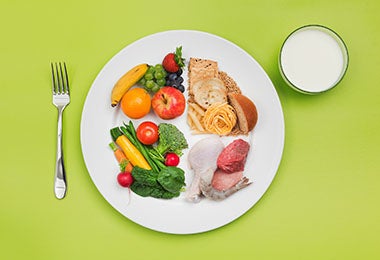 Plato dividido en cuatro partes iguales con porciones de diferentes alimentos Plato dividido en cuatro partes iguales con porciones de diferentes alimentos