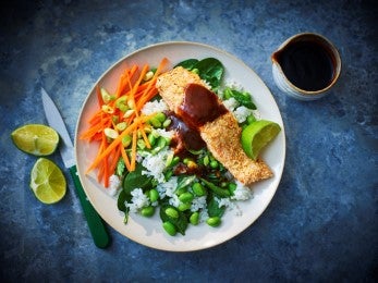 Platos con salmón al horno acompañado de arroz, vegetales y salsa
