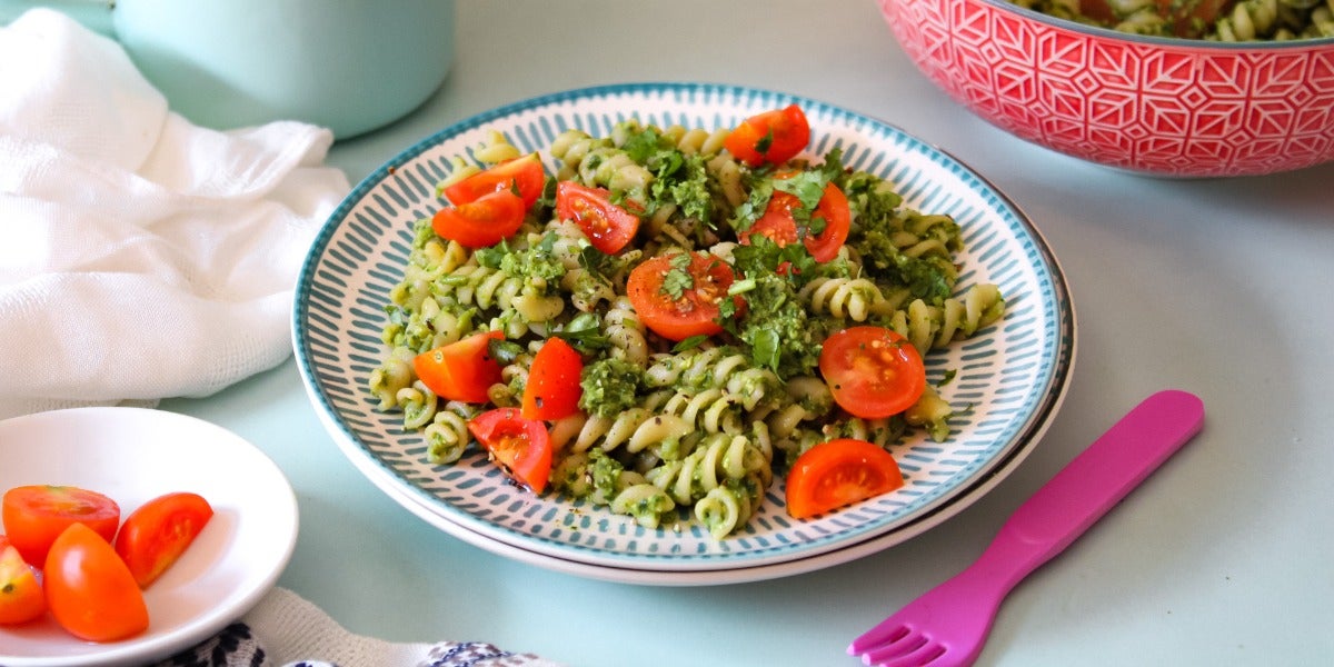 Espirales con pesto de arveja y espinaca