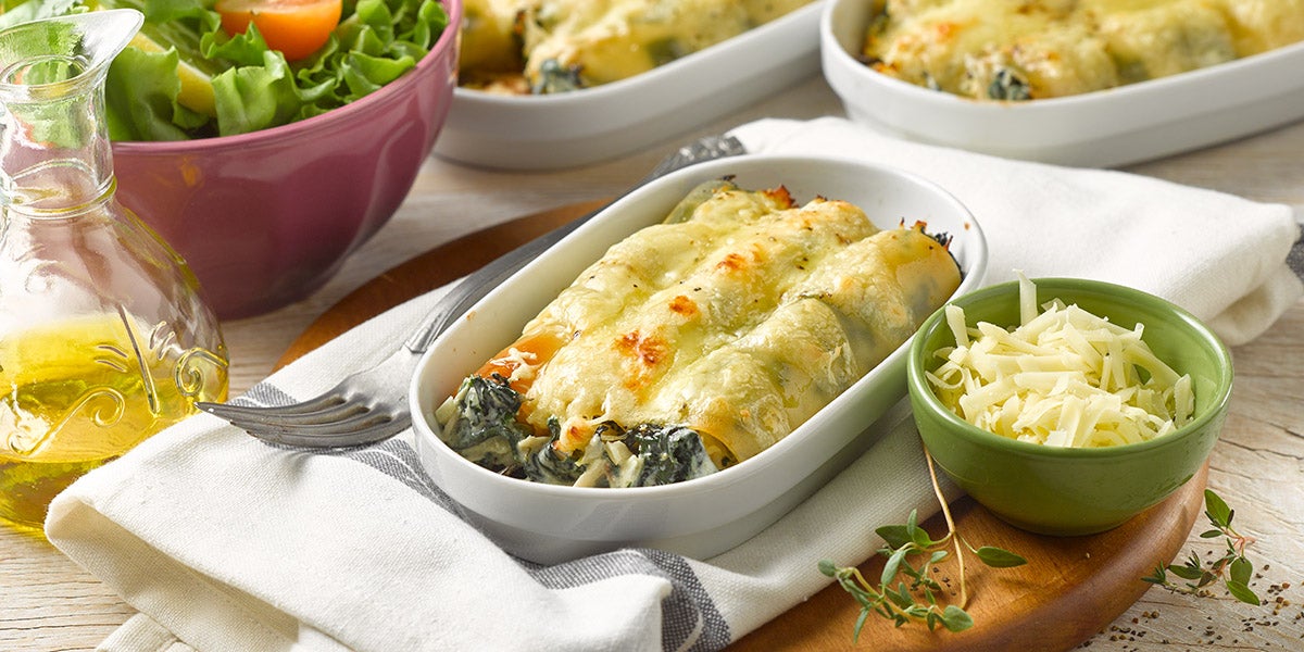 Canelones de pollo y espinaca a la crema sin lactosa