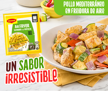 Imagen de pollo hecho con Airfryer de Maggi en la freidora de aire con distintos tipos de verduras
