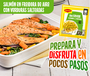 Imagen de un salmón con verduras salteadas hecho con Airfryer de Maggi en freidora de aire