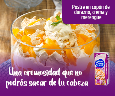 Postre en copón de durazno, crema sin lactosa y merengue Card