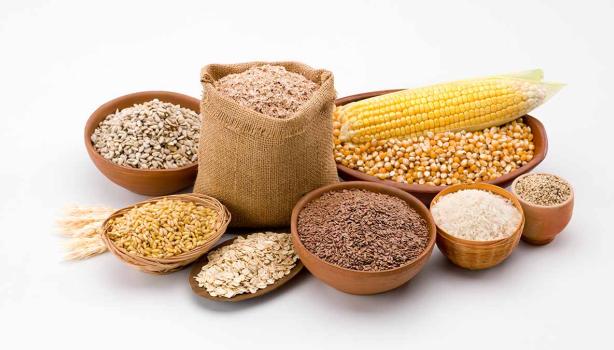 Varios tipos de granos como maíz, arroz, quinoa y diferentes tipos de cereales.