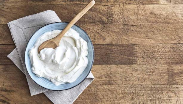 Un plato con yoghurt casero recién preparado y una cucharita de madera.