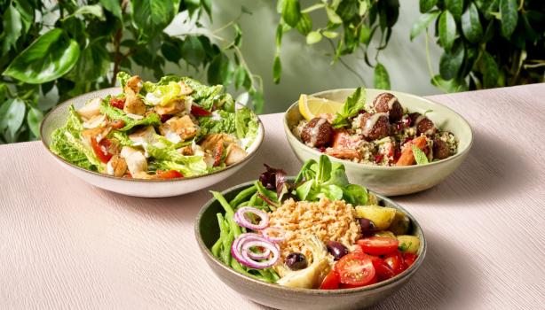 Tres ensaladas frescas con la clásica Ensalada Nicoise, servidas en bowls