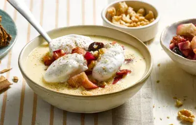 Leche nevada con fruta asada