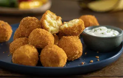 Papas duquesas crujientes con sabor chipotle, servidas en plato azul y salsa de yogurt con cilantro