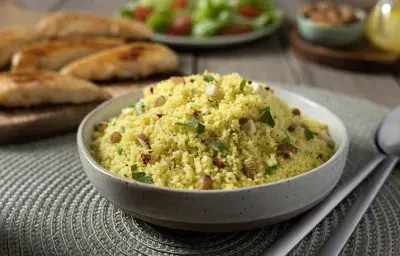 Cuscús aromático con almendras y cilantro, toque cítrico y Mi Sazón Maggi para pollo, servido en bowl