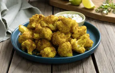 Coliflor crocante estilo popcorn en airfryer servida con dip cremoso de queso crema