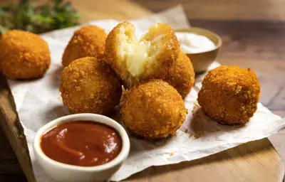 Bolitas de arroz sobrante rellenas de queso fundido, rebozadas y crocantes, servidas con salsas