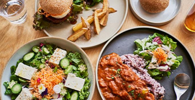 Ensalada y hamburguesa con quesos veganos Ensalada y hamburguesa con quesos veganos
