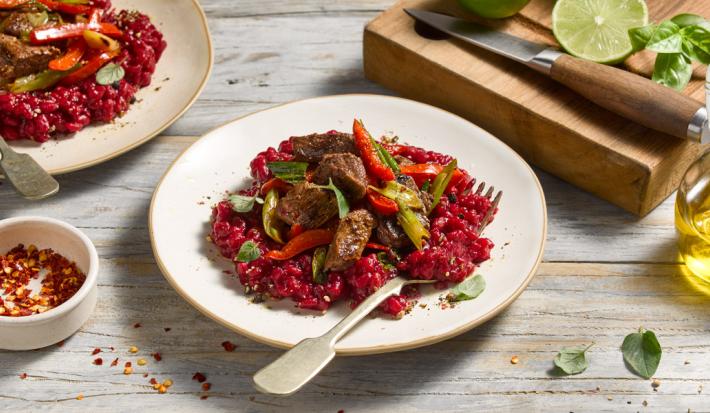 Risotto de cebada con salteado de carne