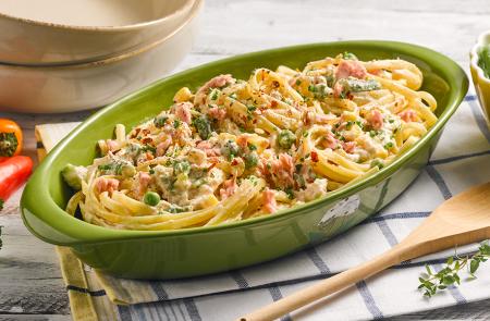 Cremoso de spaghetti primavera y atún