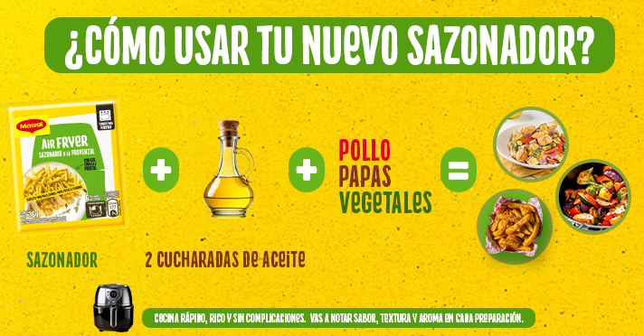 Instrucciones para usar el sazonador MAGGI®: mezcla con 2 cucharadas de aceite y obtén papas fritas sabor provenzal.