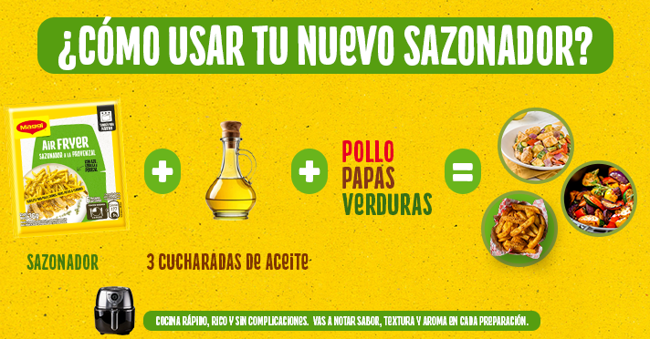 Instrucciones para usar el sazonador MAGGI®: mezcla con 2 cucharadas de aceite y obtén papas fritas sabor provenzal.