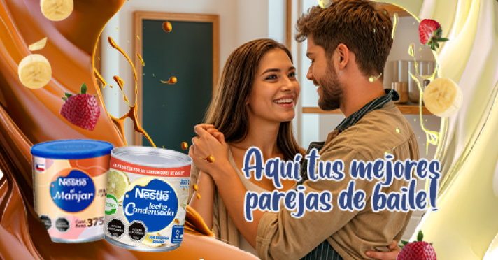 Aquí tus mejores parejas de baile. Pareja bailando en la cocina con productos Nestlé Manjar y Leche Condensada. “Aquí tus mejores parejas de baile”.