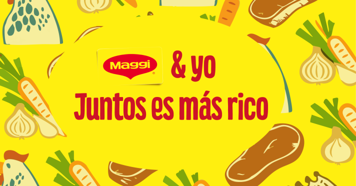 banner_M.png Diseño con vegetales, carne y pollo alrededor del logo Maggi y la frase ‘Juntos es más rico’ en fondo amarillo