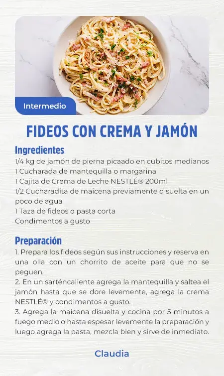 Fideos con crema y jamón