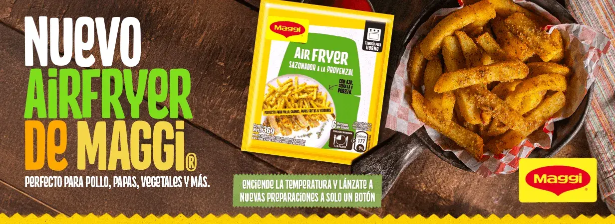 Imagen del nuevo sazonador MAGGI® para Airfryer en Chile, con papas sazonadas y mensaje sobre preparaciones rápidas.
