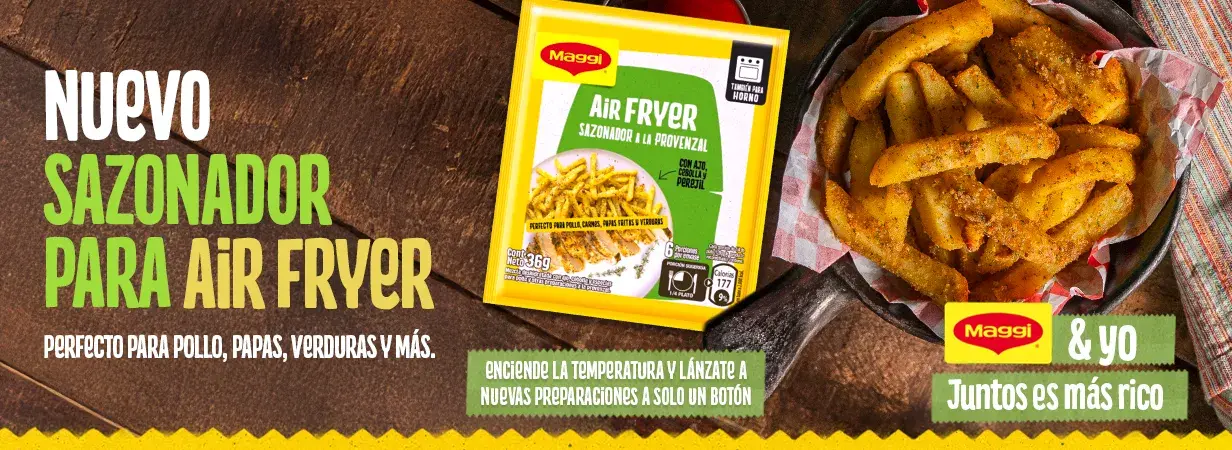 Imagen del nuevo sazonador MAGGI® para Airfryer en Chile, con papas sazonadas y mensaje sobre preparaciones rápidas.