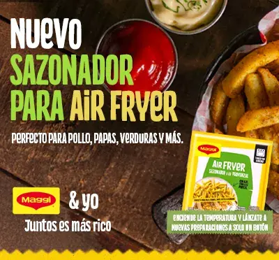 Imagen del nuevo sazonador MAGGI® para Airfryer en Chile, con papas sazonadas y mensaje sobre preparaciones rápidas.