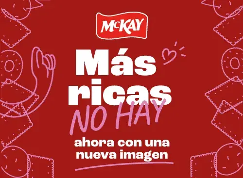 Banner promocional de Galletas McKay® con fondo rojo, texto ‘Más ricas no hay’ y anuncio de nueva imagen en Recetas Nestlé®.