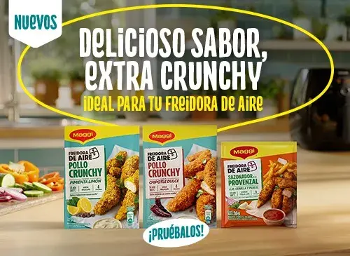 Imagen del nuevo sazonador MAGGI® para Airfryer en Chile, con papas sazonadas y mensaje sobre preparaciones rápidas.